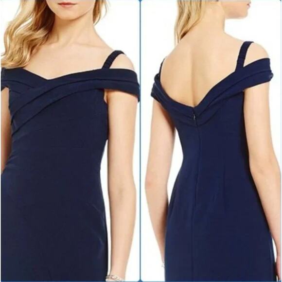 NWT Aidan Mattox Off-the-Shoulder Pleated Crepe Gown Twilight Navy Size 6 - Picture 2 of 12